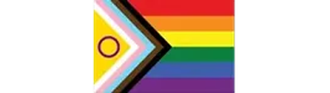Intersex-inclusive Progress Pride flag: six rainbow stripes with a chevron of colors and a purple circle on a yellow field.
