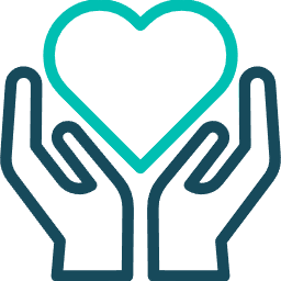 A stylized icon of two dark teal hands cupped together, holding a bright turquoise heart outline.