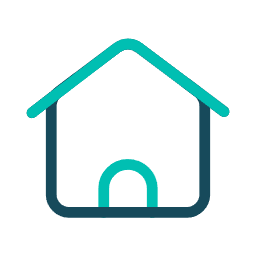 A simple icon of a house with a dark blue outline, a teal roof, and a teal arched doorway.