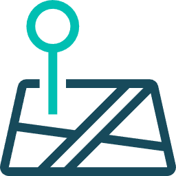 A teal map pin icon positioned over a dark blue stylized map with a diagonal line representing a road.