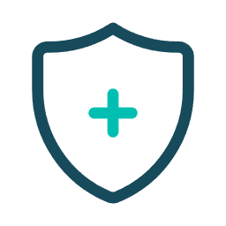 A teal shield icon with a smaller, bright green plus sign centered inside, representing health or medical security.