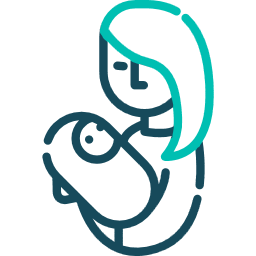 A teal and dark blue line icon of a person cradling an infant.
