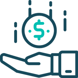 A teal dollar sign inside a circle hovering above an open hand icon in dark blue.