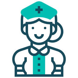 A stylized teal and dark blue icon of a nurse in uniform with a cross symbol on her cap.