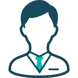 Dark blue icon of a person wearing a collared shirt with a green tie and a name tag.