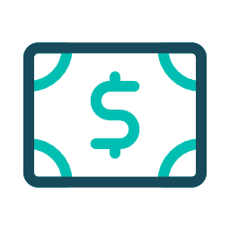 A stylized, turquoise-and-dark-blue icon of a rectangular banknote featuring a centered dollar sign.