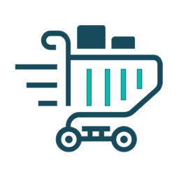 A stylized, dark teal shopping cart with motion lines on the left, two packages on top, and turquoise vertical stripes.