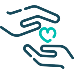 Two stylized dark teal hands cupping a bright teal heart symbol.