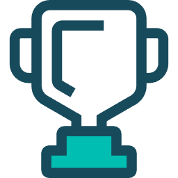 A teal and dark blue minimalist line icon of a trophy cup on a pedestal.