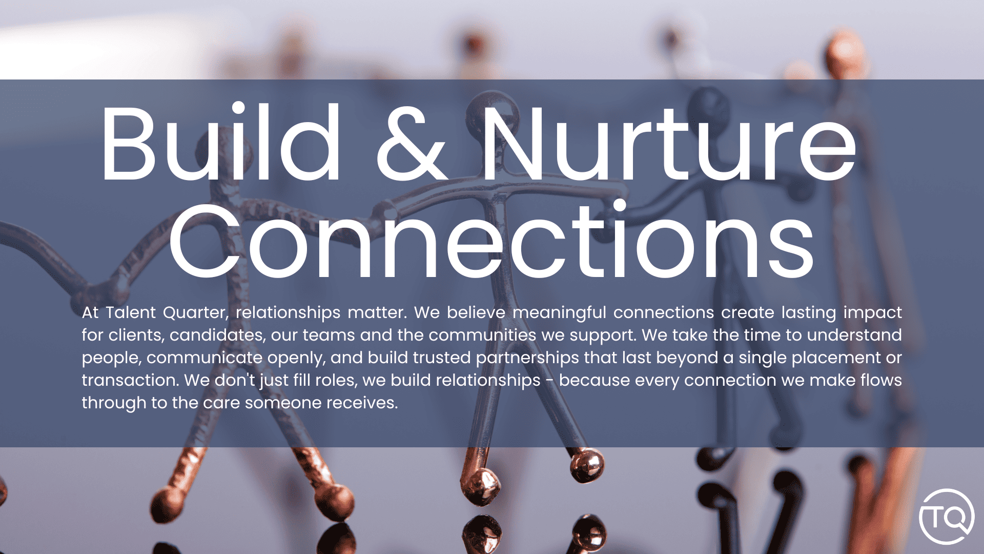 “Build & Nurture Connections” text over a blurred network of brown nodes and lines on a blue-gray background