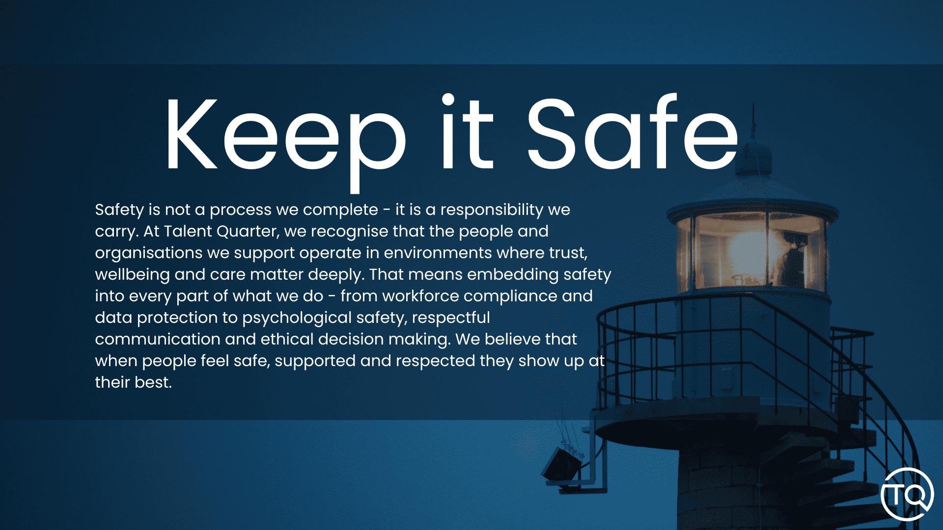 “Keep it Safe” text over a blue lighthouse at dusk, with safety reminder paragraph.