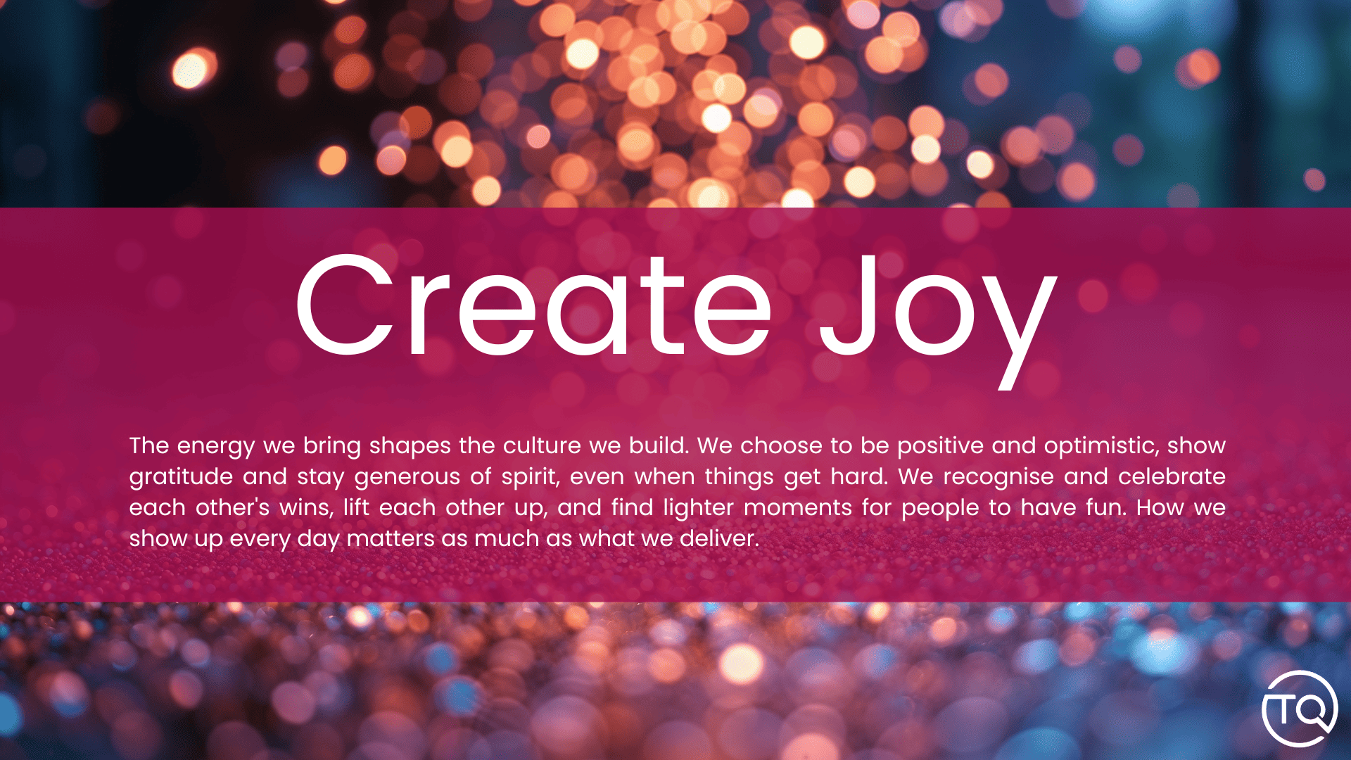 Celebratory slide with “Create Joy” over colorful bokeh lights and a motivational quote.