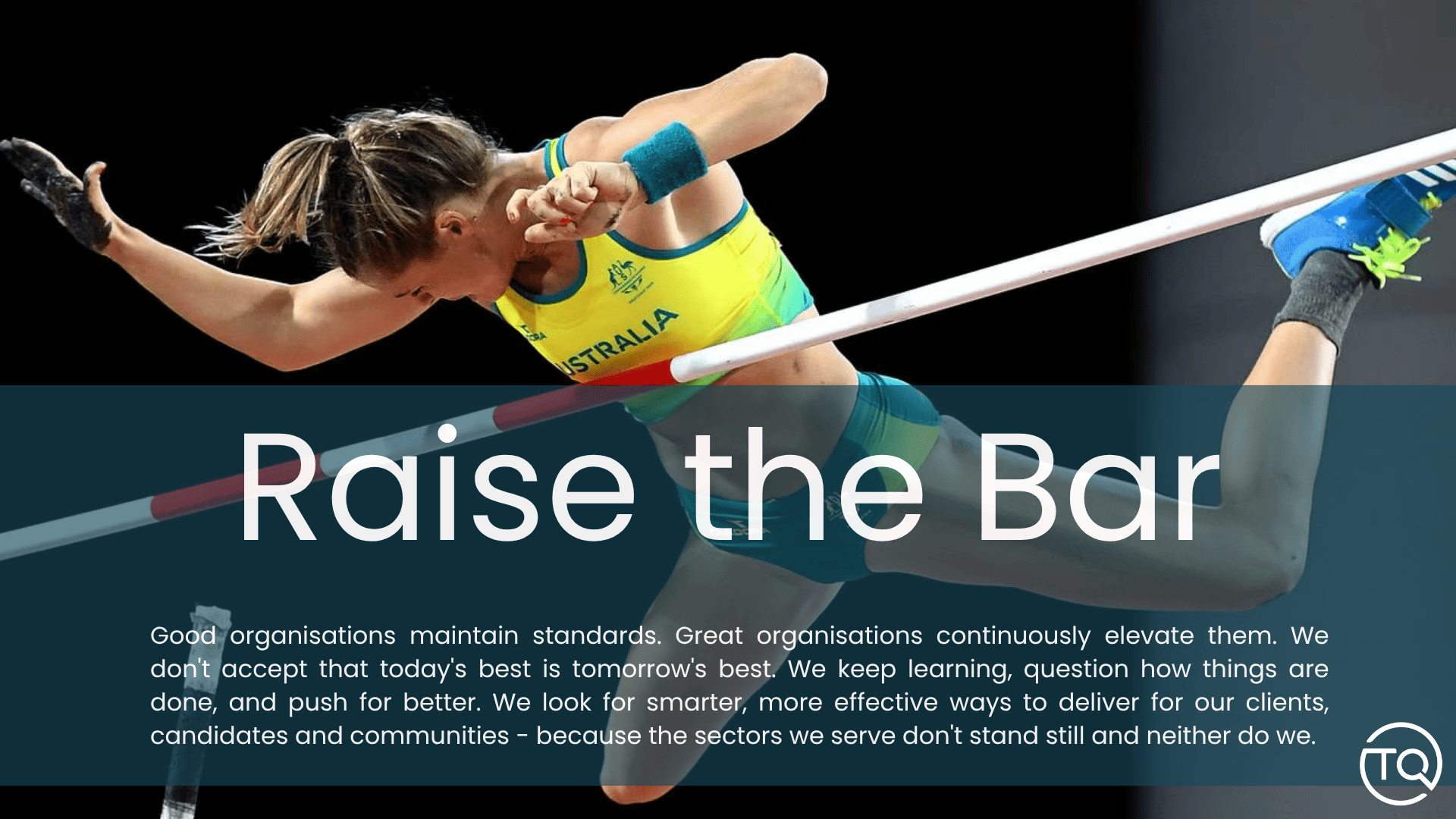 Pole vaulter in yellow and blue clearing the bar with “Raise the Bar” text.