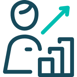 A dark teal outline of a person next to an ascending bar graph with a bright teal arrow pointing upward.