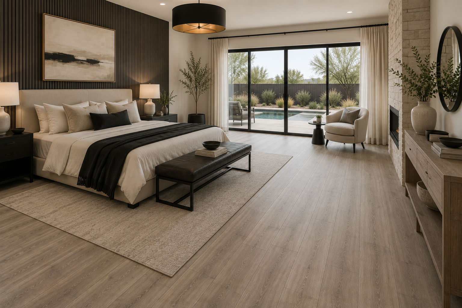 Elegant beige bedroom with king bed, bench, sofa, and sliding doors to a balcony view