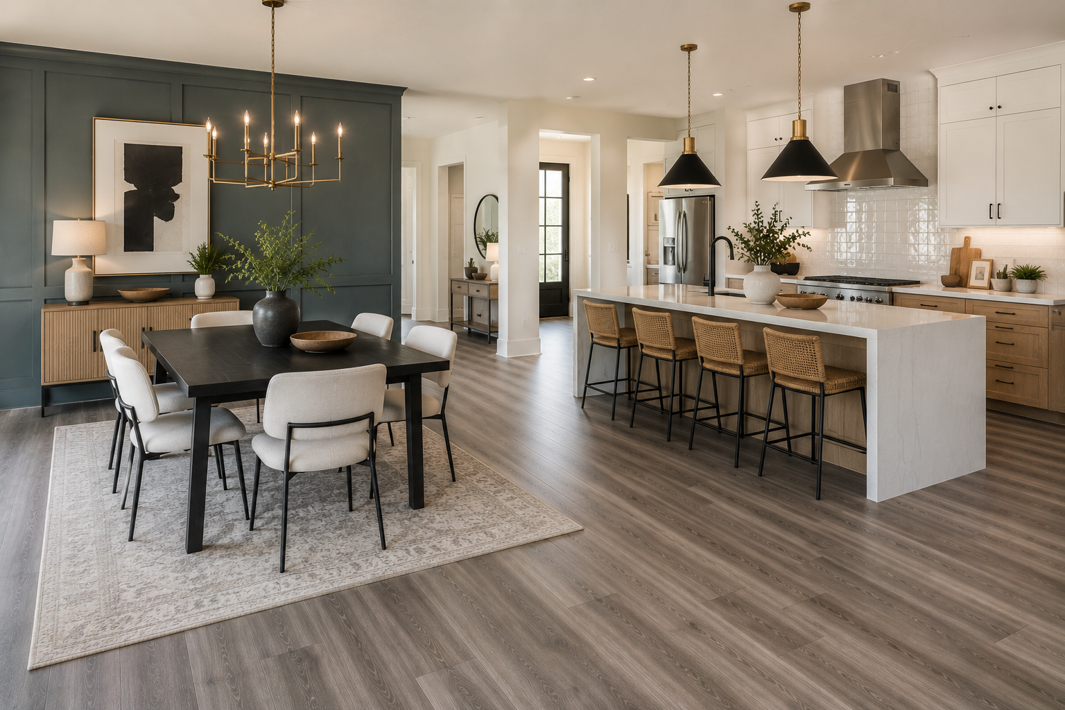 Bright modern kitchen with white cabinets, blue island, wood floors, and pendant lights