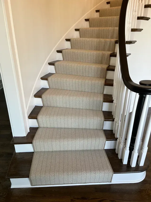 Carpeted staircase with white banister and dark wood railing in a bright hallway