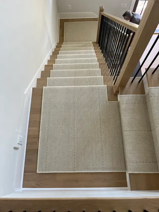 Carpeted staircase with beige runners, wood flooring, and black railing in a home interior