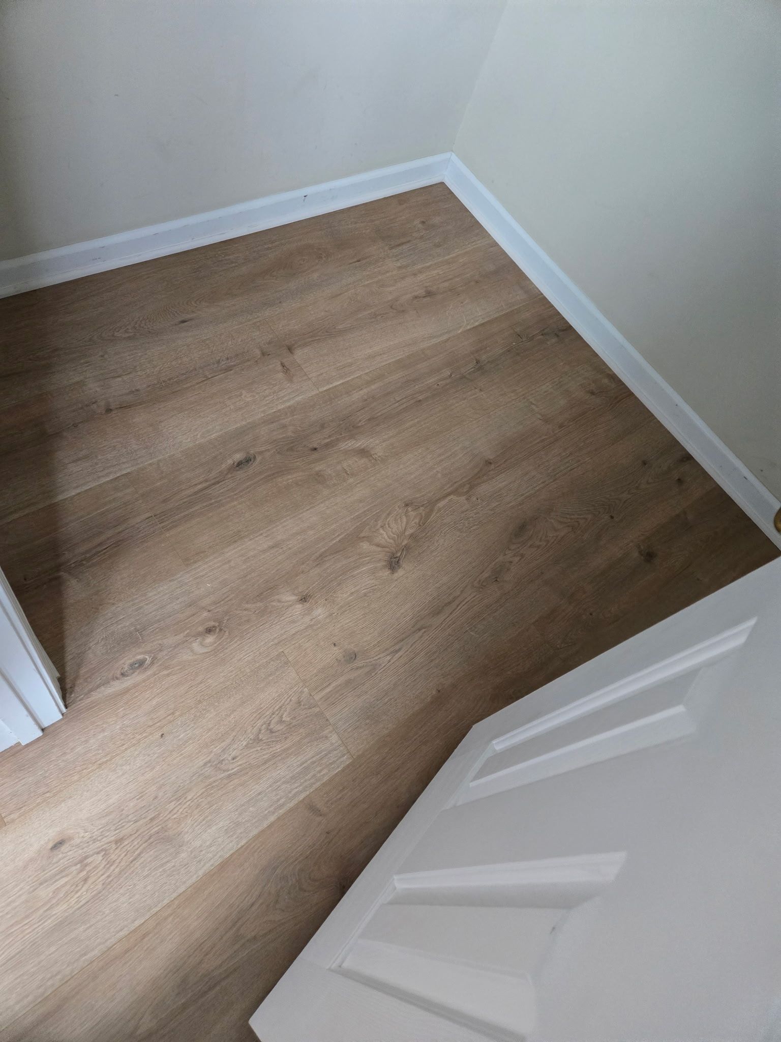 Empty hallway with light wood flooring, white walls, and an open white door.