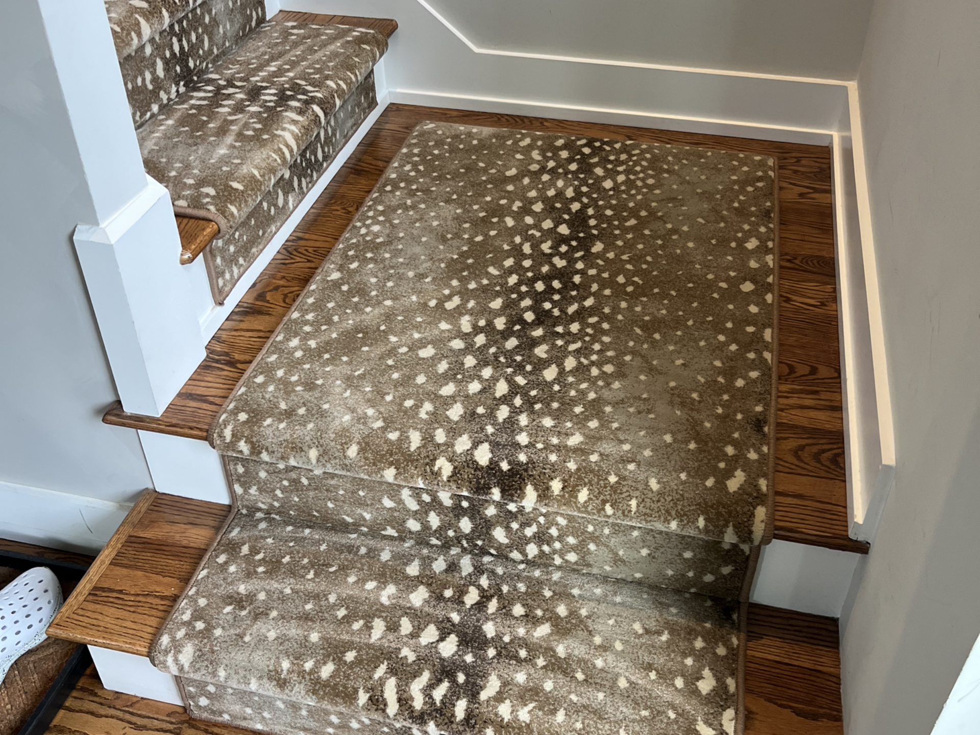 Carpeted wooden staircase landing with patterned runner rug and woven bench against the wall
