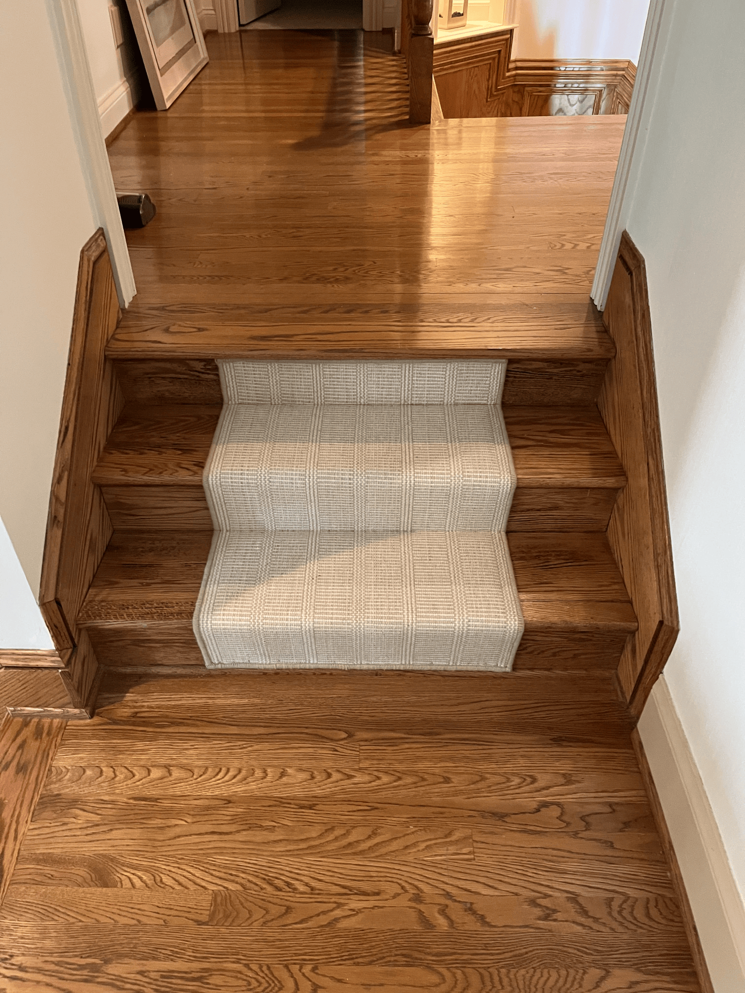 Narrow wooden hallway with a small rug-covered step leading up to a brighter room.
