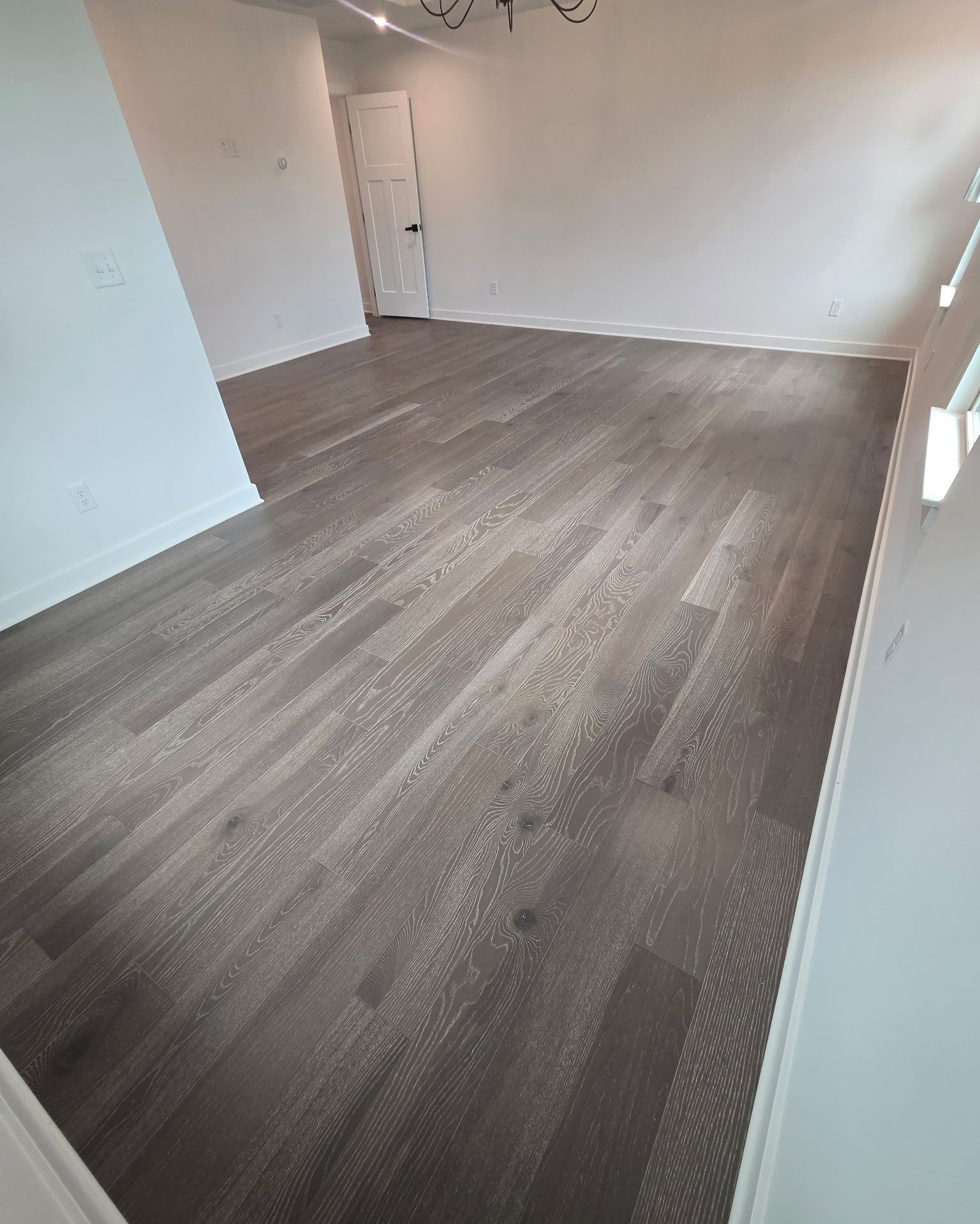 Empty room with light walls and dark wood-look flooring, seen from a doorway.