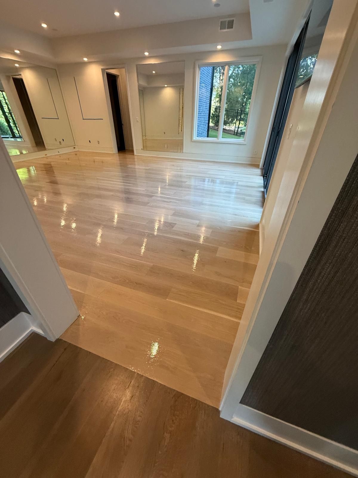 Empty modern room with glossy hardwood floors and large windows looking out to trees