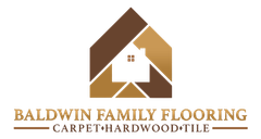 Baldwin Family Flooring logo with a brown and gold house icon and the text “CARPET • HARDWOOD • TILE • VINYL”