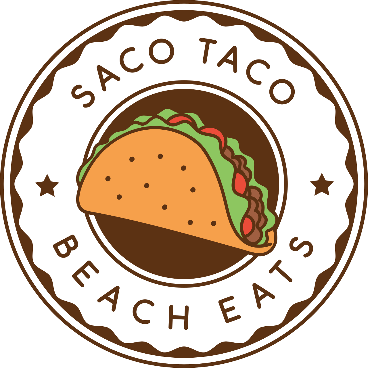 Saco Taco Beach Eats logo with a taco illustration in brown, green, red, and orange on a circular badge