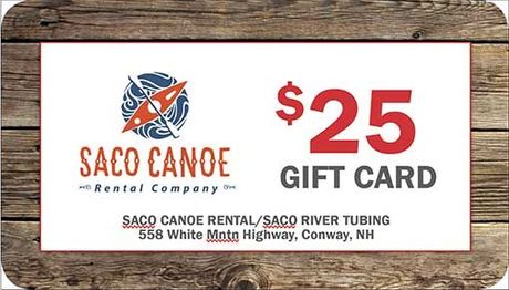Saco Canoe $25 gift card on wood background, with canoe rental and river tubing details.