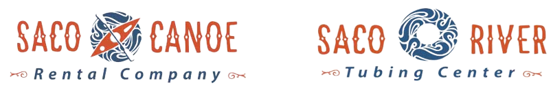Saco Canoe and Saco River Tubing Center logos with blue river icon