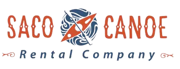 Saco Canoe Rental Company logo with stylized canoe graphic in blue, white, and orange-red