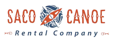 Saco Canoe Rental Company logo in red and blue with a canoe graphic