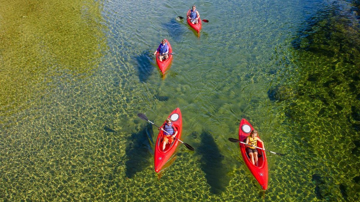 Five red kayaks paddling on clear green water, seen from above