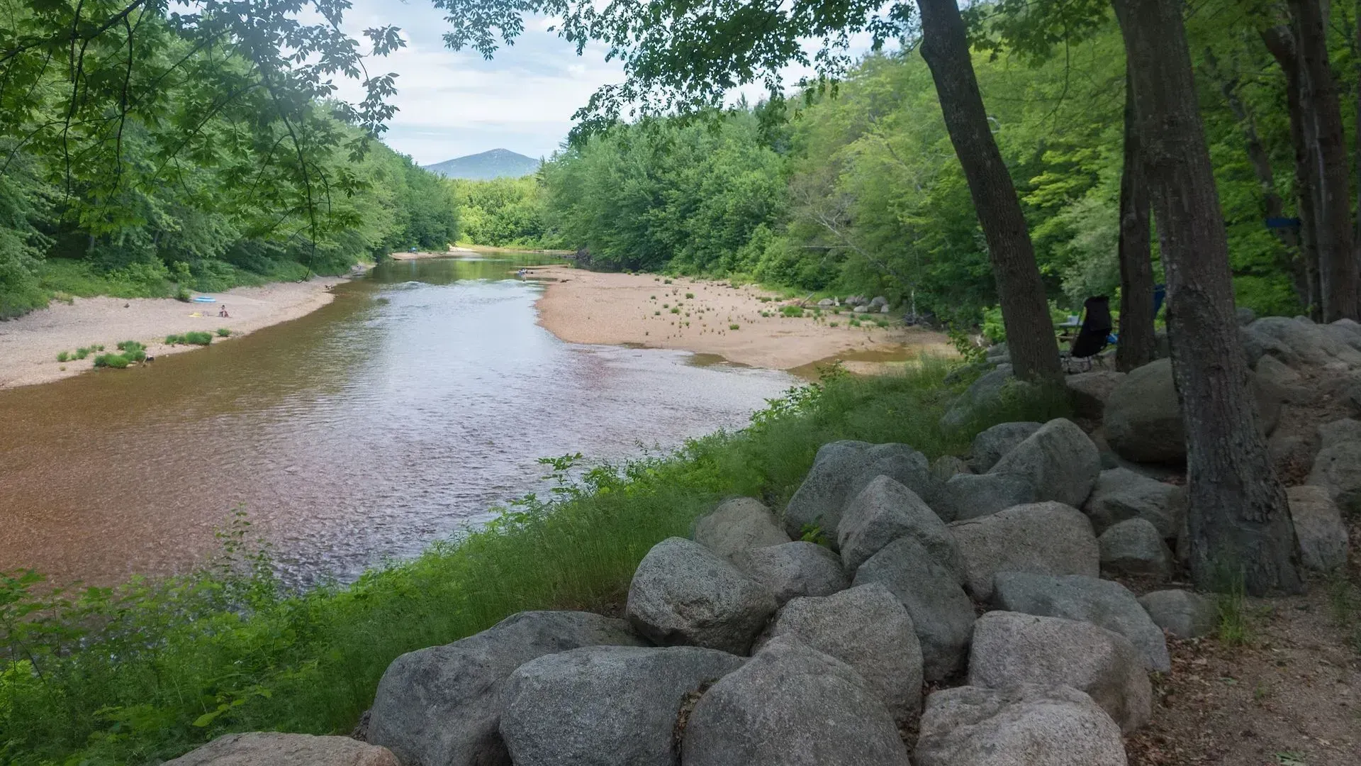Shallow river flowing through a green wooded area, with rocks in the foreground and hills in the distance