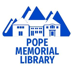 Blue logo of Pope Memorial Library with stylized buildings, mountains, and trees
