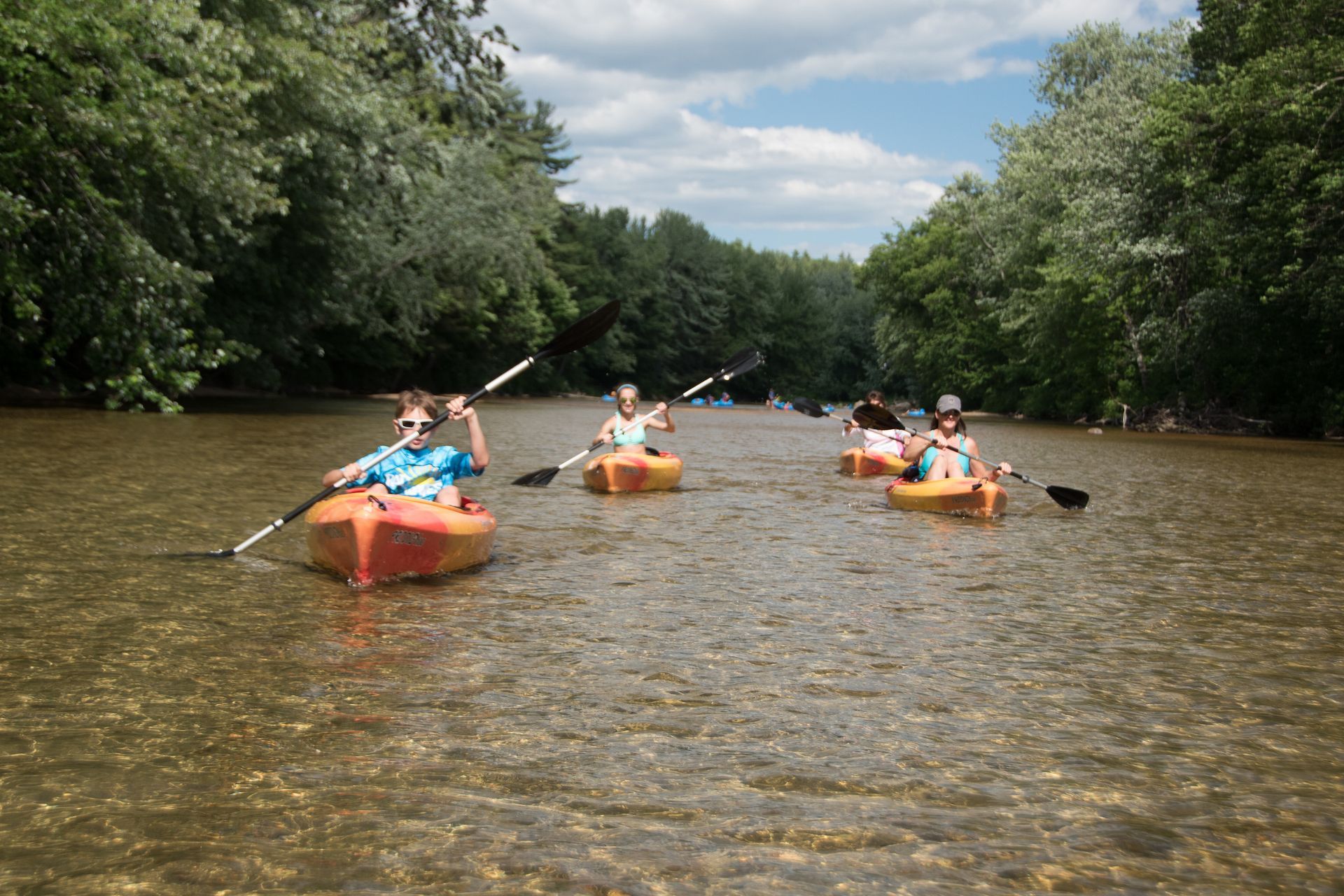 Three kayakers paddle on a muddy river flanked by dense green trees under a cloudy sky.