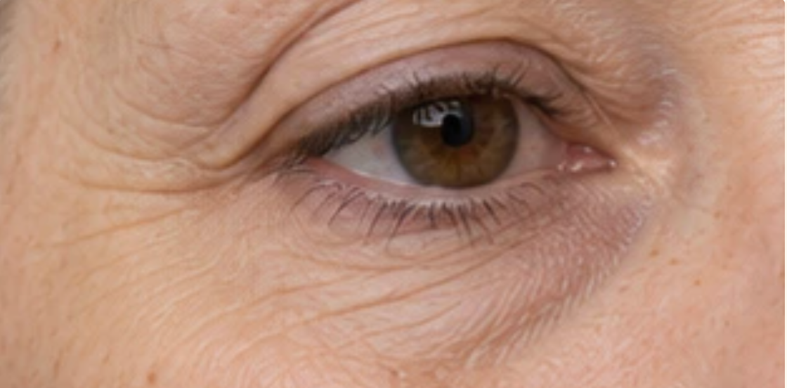 Eye area with crow's feet, crepey under eye skin and a heavier lid