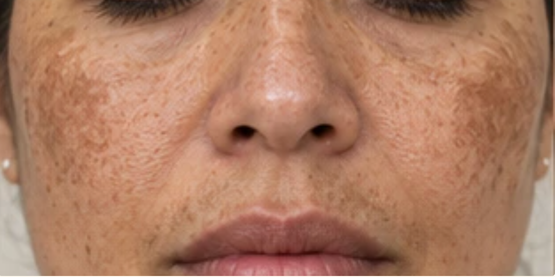 Face showing patchy melasma pigmentation across both cheeks