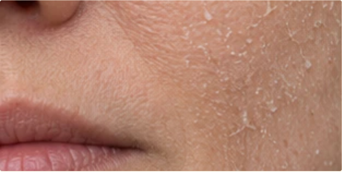 Visibly flaking, peeling skin across the cheek and around the mouth