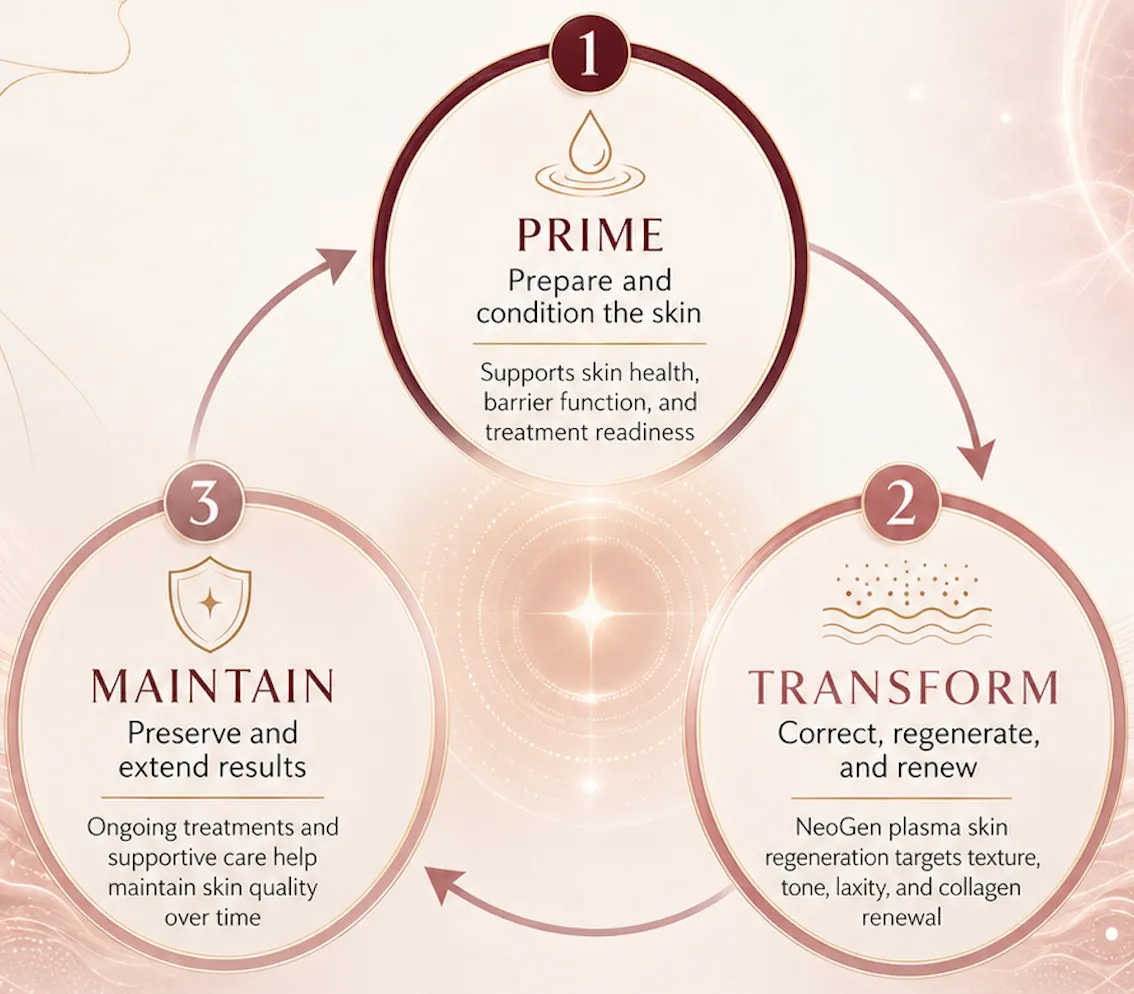 PlasmaFecta protocol diagram showing the prime, transform, and maintain phases of NeoGen plasma skin regeneration