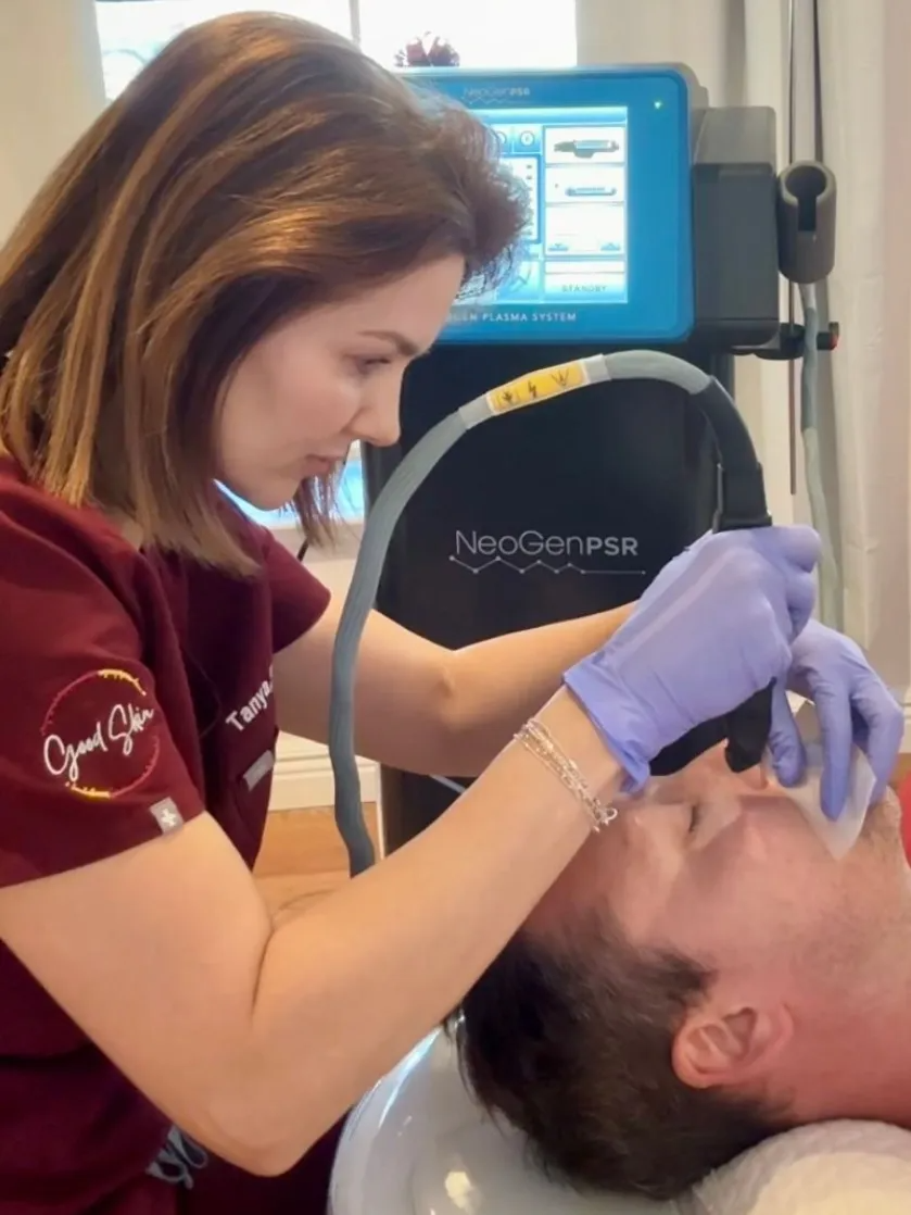 Tanya Cook-Riley performing a NeoGen PSR plasma treatment at Good Skin Aesthetics in Loomis, California