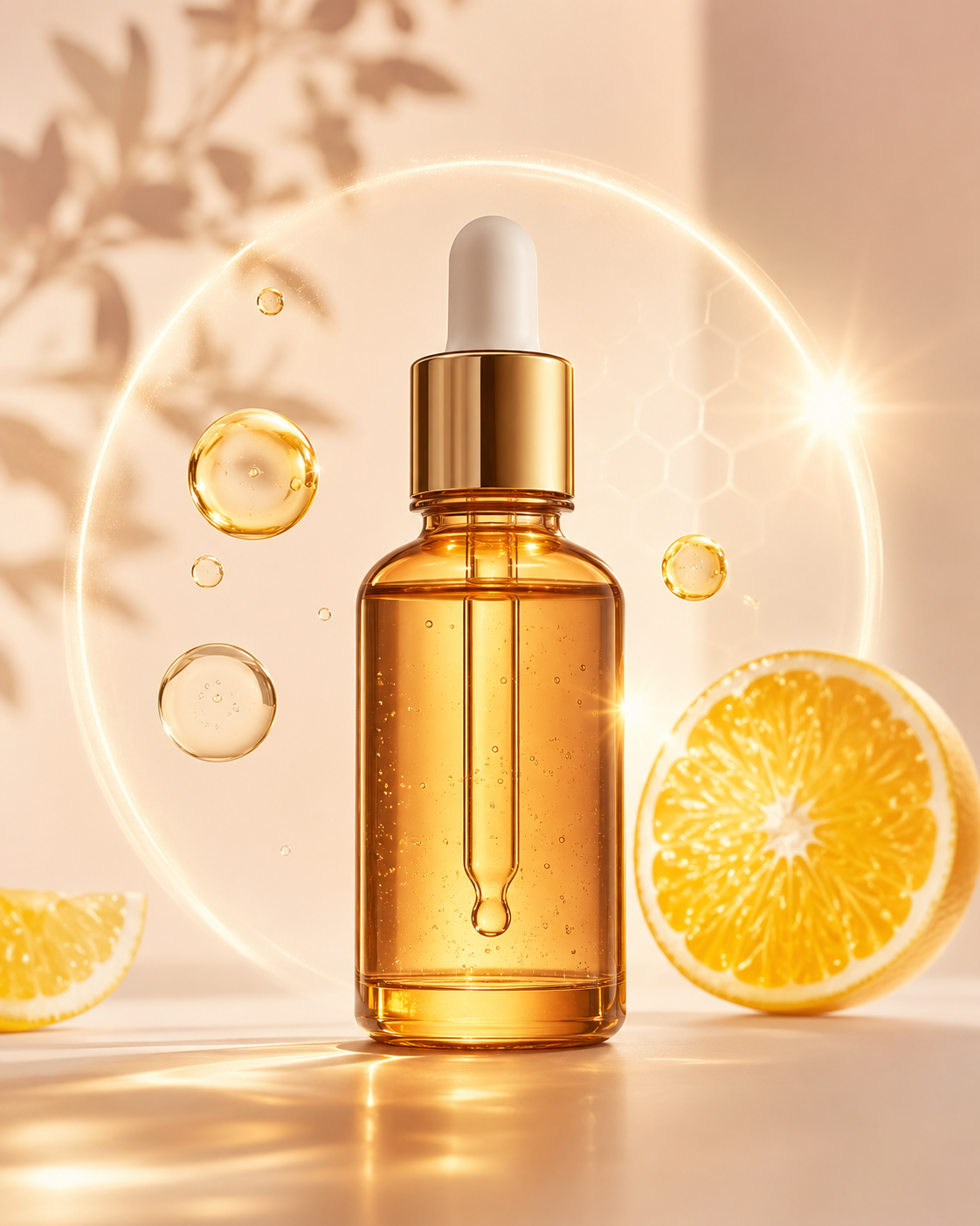 Golden vitamin C serum in a glass dropper bottle beside fresh orange slices
