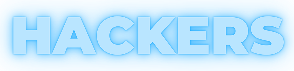 The word hackers is glowing in blue on a white background.