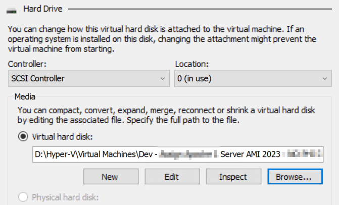 A screenshot of a hard drive window that says you can change how this virtual hard disk is attached to the virtual machine