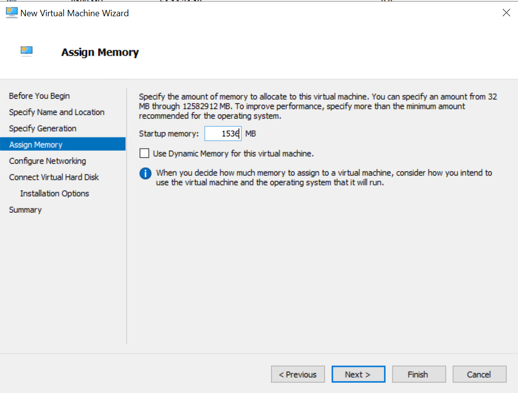 A computer screen shows a wizard to assign memory to a virtual machine.