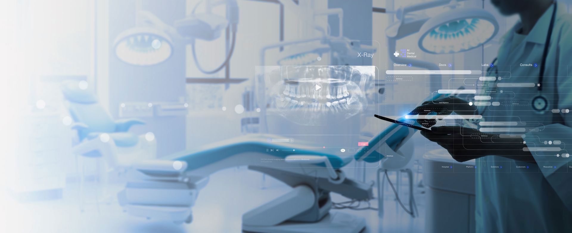 Doctor in a dental office using a tablet, overlaid with digital data.
