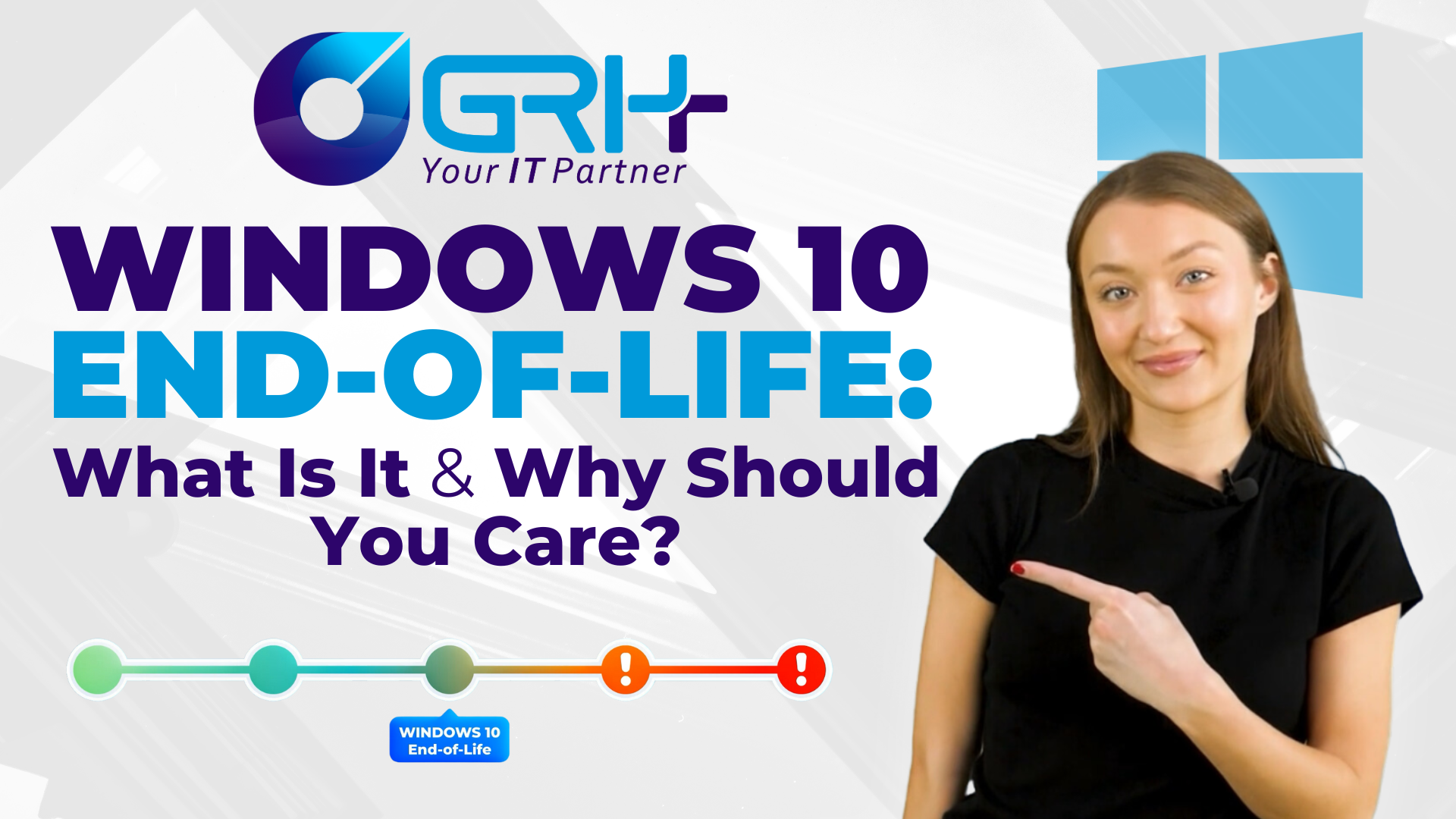 A woman is pointing at a sign that says windows 10 end-of-life : what is it and why should you care ?