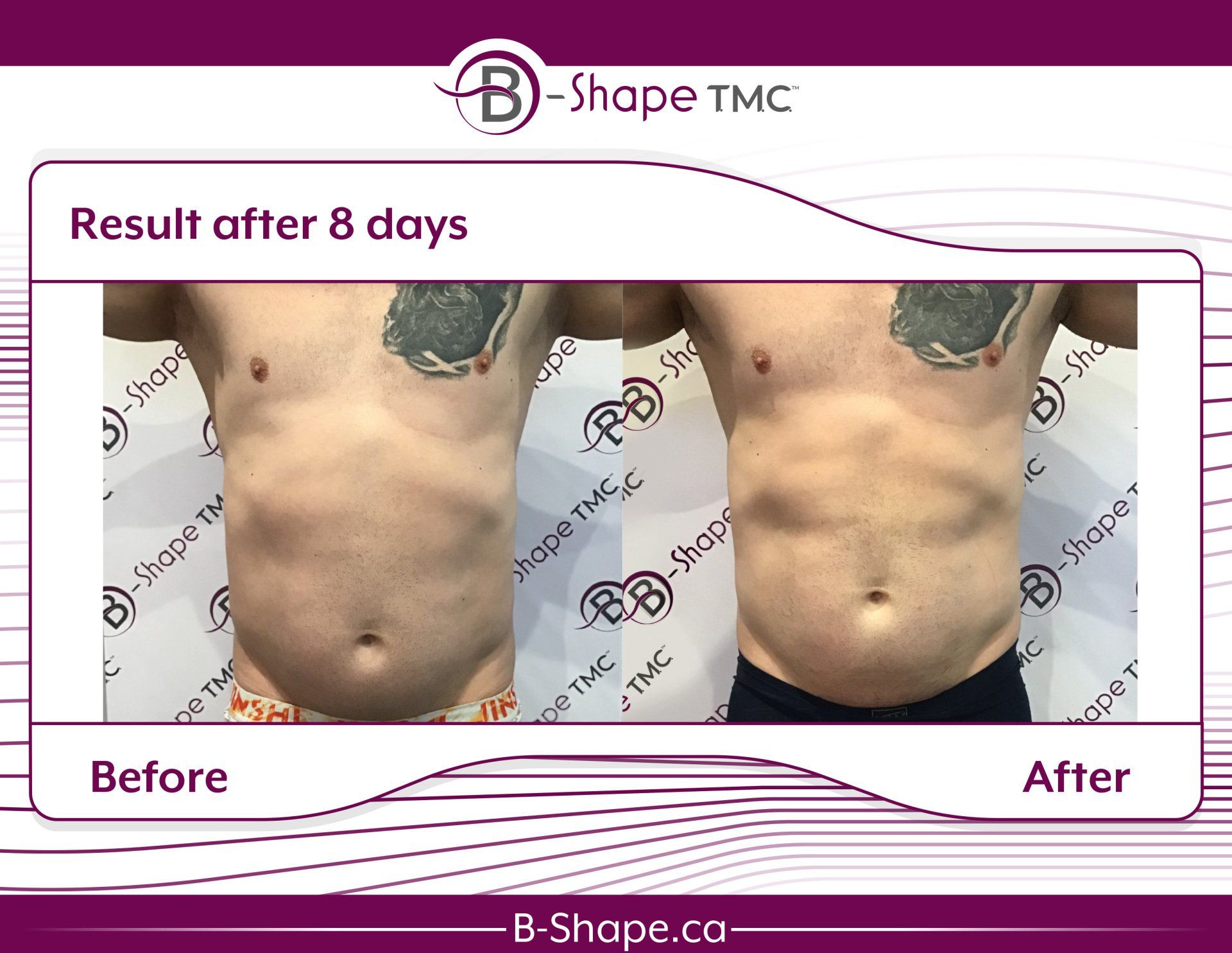 Before and after photos of a man's torso, showing less fat after 8 days of 