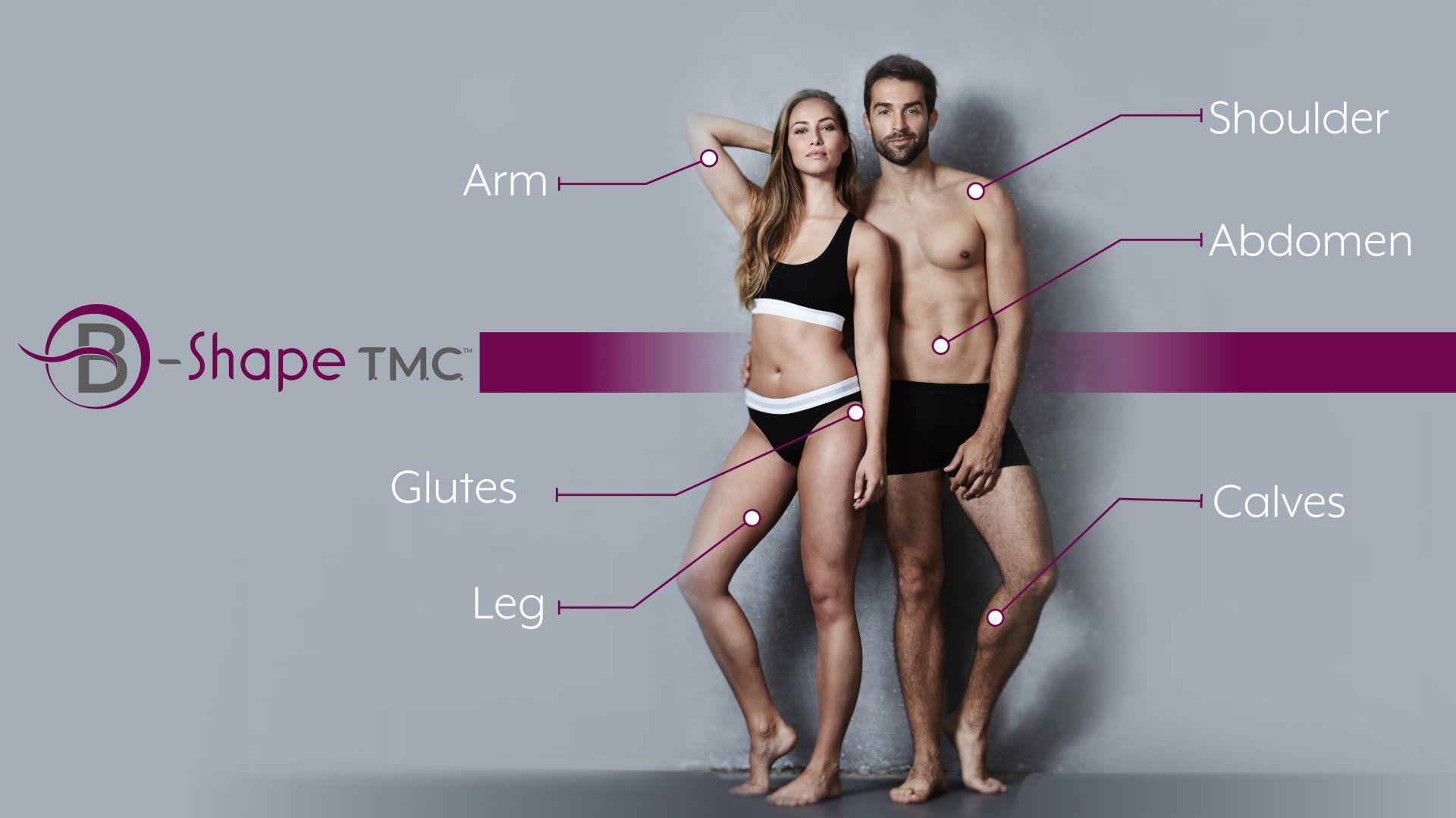 Woman and man modeling the B-Shape TMC, highlighting areas like the arms, abdomen, and legs against a purple gradient.